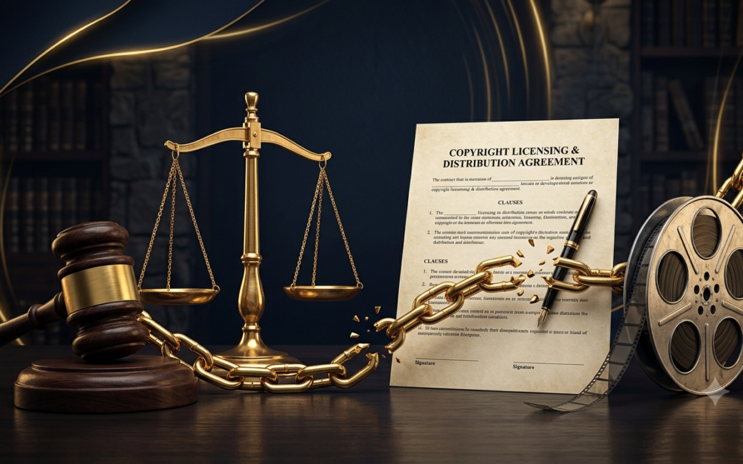Judge's gavel, film reel, and copyright licence agreement symbolizing the PVR Pictures Ltd. v. Studio 18 (2009) copyright licensing dispute.