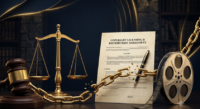 Judge's gavel, film reel, and copyright licence agreement symbolizing the PVR Pictures Ltd. v. Studio 18 (2009) copyright licensing dispute.