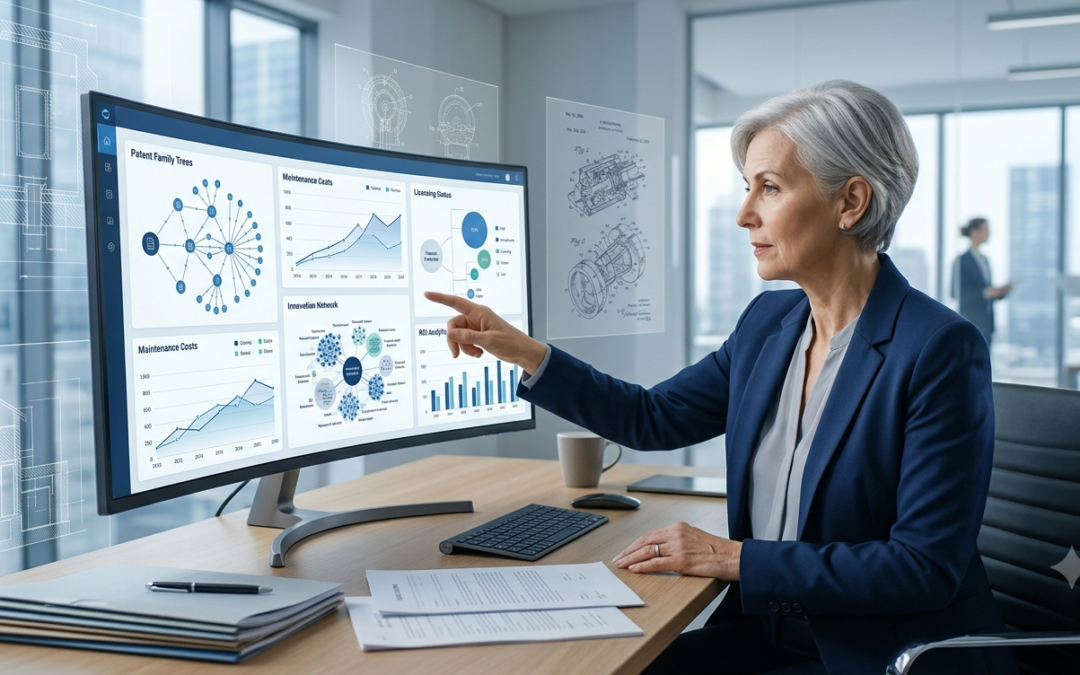 Business professional reviewing patent portfolio optimization and patent abandonment strategy to reduce IP maintenance costs.