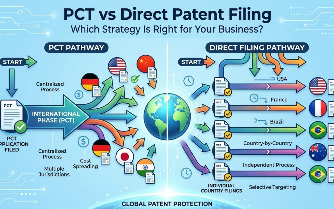Comparison of PCT and direct patent filing strategies for international patent protection.