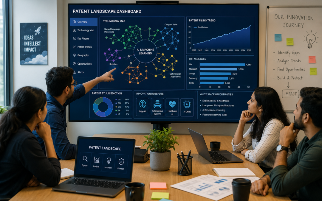 Startup founders using patent landscape analysis to identify innovation opportunities and develop intellectual property strategy