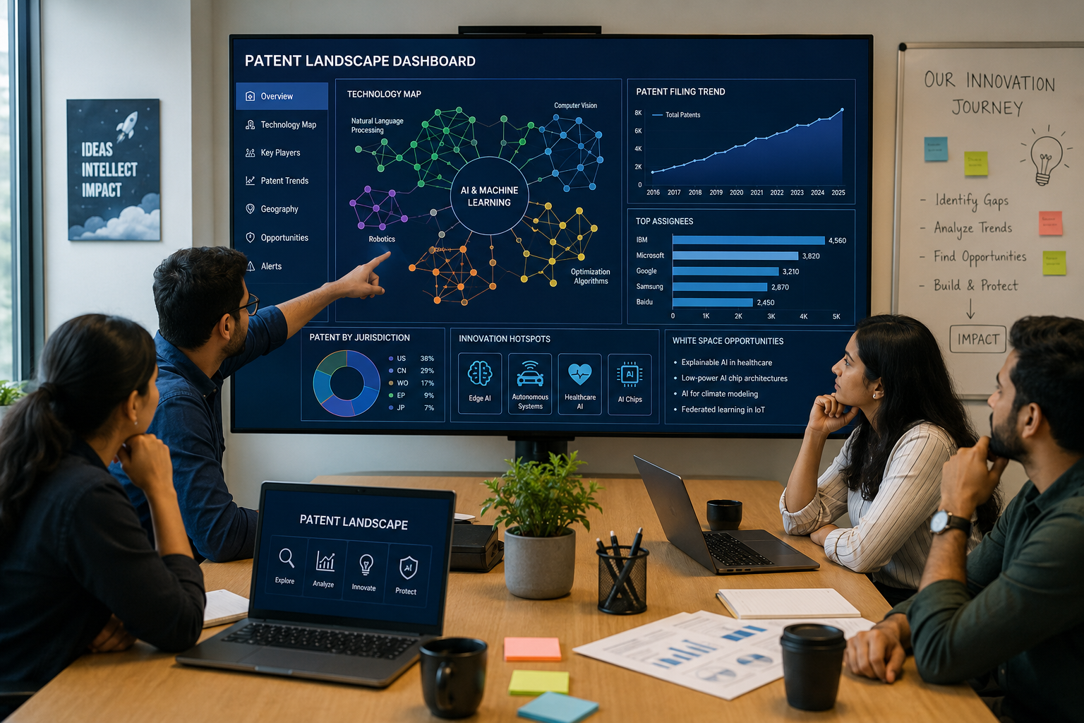 Startup founders using patent landscape analysis to identify innovation opportunities and develop intellectual property strategy